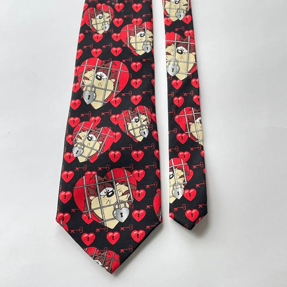 Vintage Looney Tunes Necktie Black Tasmanian Devil Love Heart Polyester Mens Tie